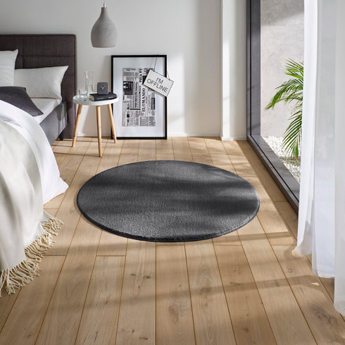 Waschbarer Teppich mit Anti-Rutsch | Flauschiger Flachflor für Badezimmer, Kinderzimmer oder Flur Läufer | Anthrazit Rund